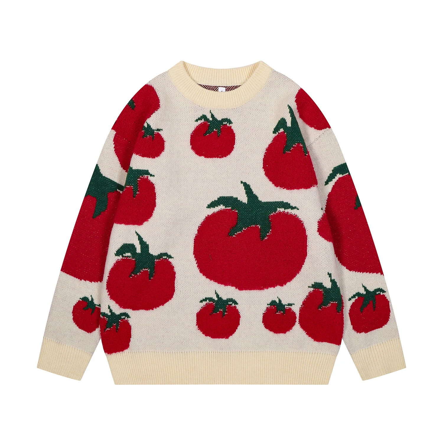 Japanese Fashion Knitwears Y2k Autumn and Winter Tomato Embroidery Knitted Sweater Mens Round Neck Cartoon Jumpers 241225