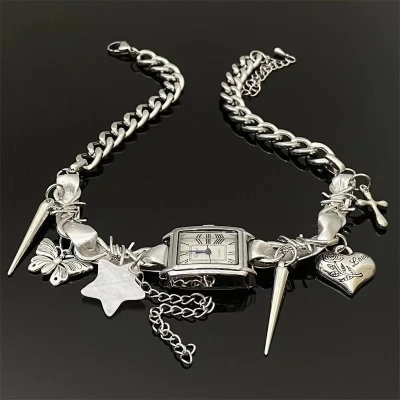 Y2K Cyberpunk Leather Watch Pendant Stainless Steel Necklace Butterfly Star Charm Necklace 241223