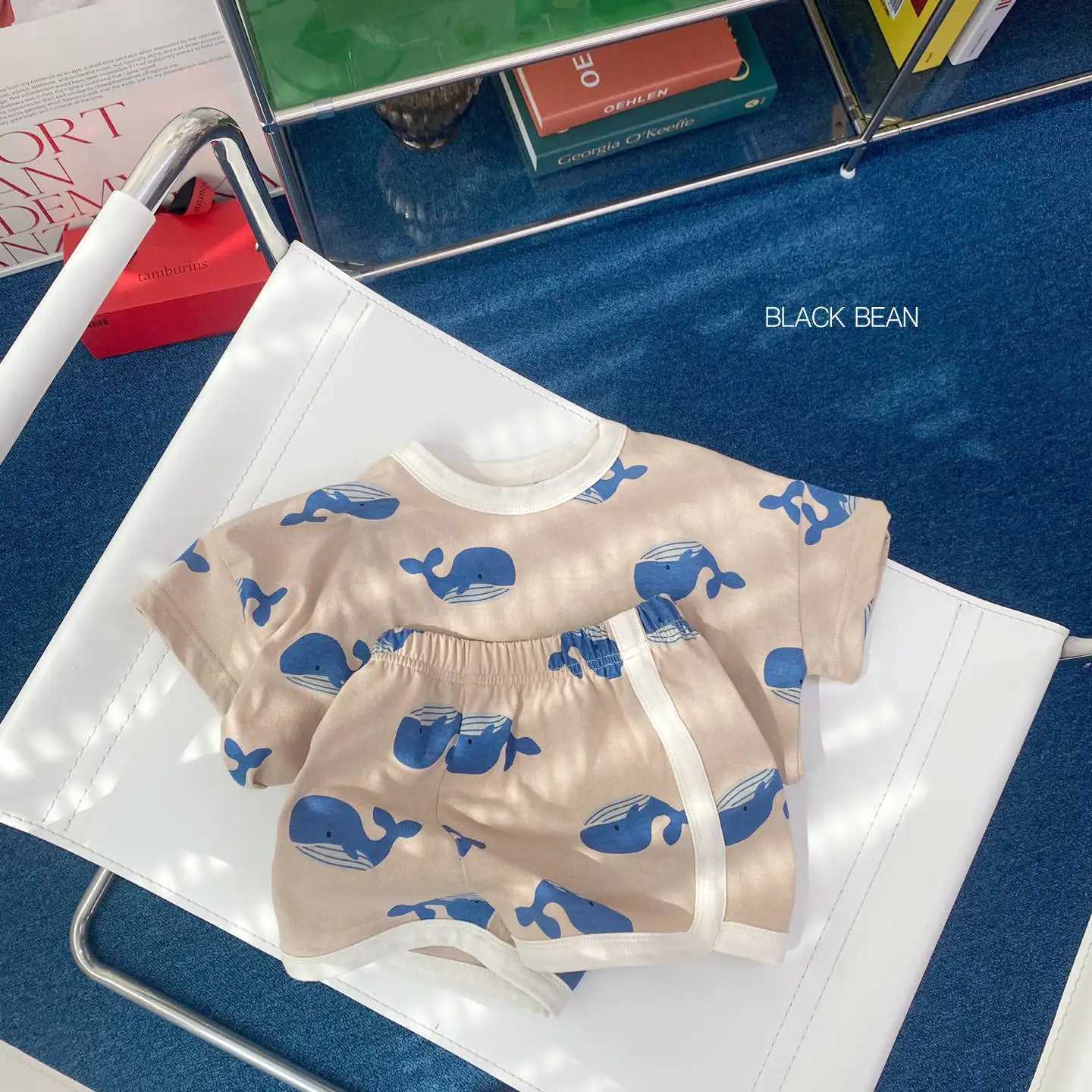 Clothing Sets Summer New Korean Version of the Childrens Dolphin Printing Short-Sleeved Shorts Suit Baby Cute Cartoon Home Wear Leisure SuitY241225XI0