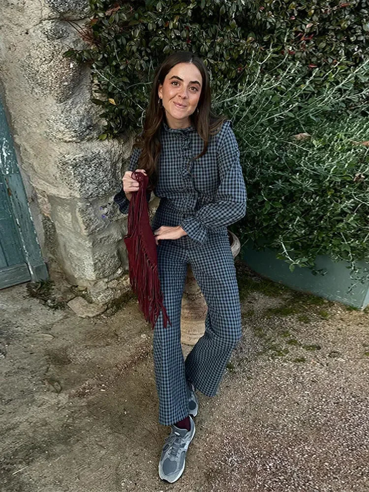 Women Vintage Plaid Ruffle Hem Button Jumpsuits Single Breasted Long Sleeve High Waist Jumpsuit Spring Lady Commuting Streetwear 241225