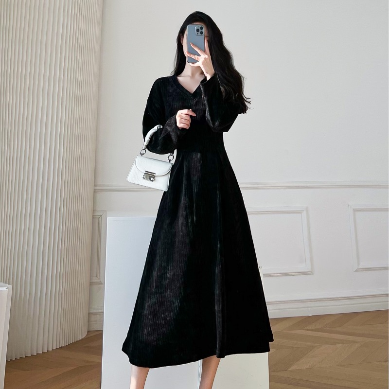 M3013 Corduroy long-sleeved dress for women, autumn and winter, with coat, inner wear, elegant and high-end winter long dress