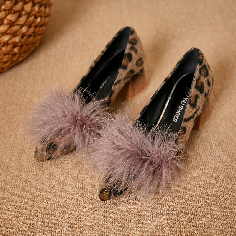Women Heels Pumps Shoes Leopard Colored Furry Fur Medium Heel Lolita Shoes Party Elegant Stylish High Quality Cute Sexy 241225