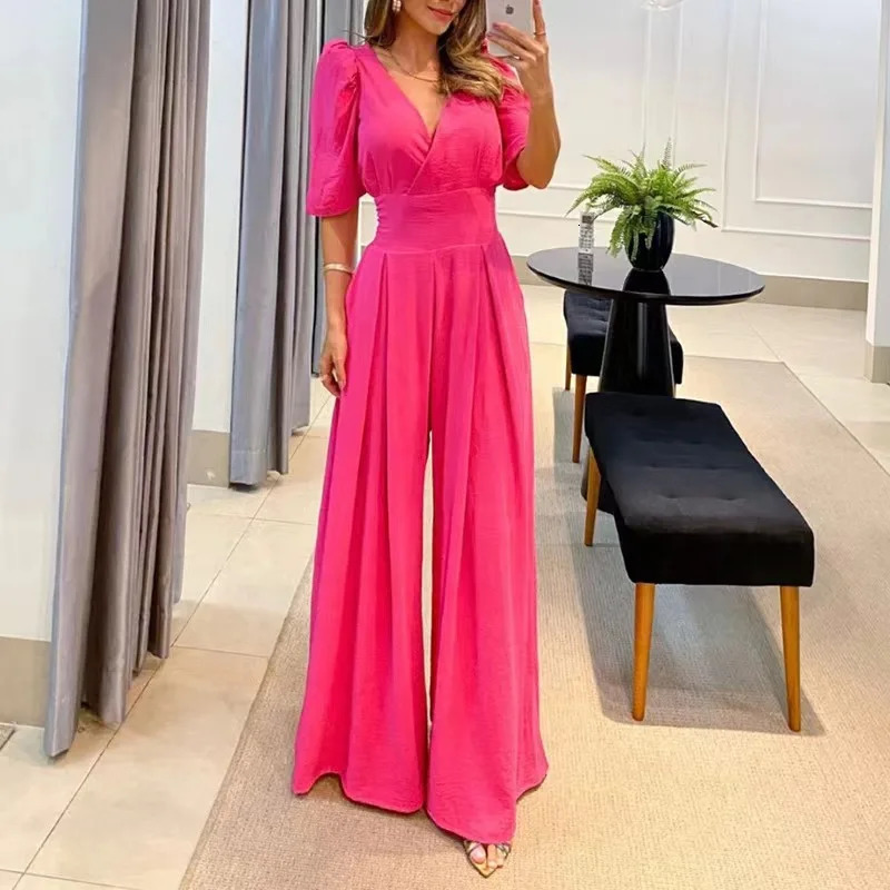 Spring and Summer Fashion Elegant Solid Color V-neck Slim Waist Womens Wide Leg jumpsuit Fashion Mid sleeved Long Pants 241224
