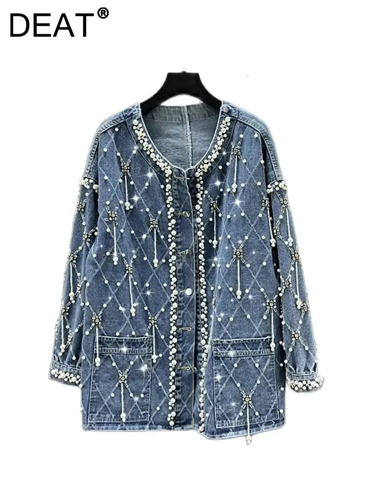 DEAT Womens Denim Coat Nail Drill Pearls Pendant Plaid O-neck Single Breasted Elegant Jackets 2025 Spring Fashion 29L7246 241223