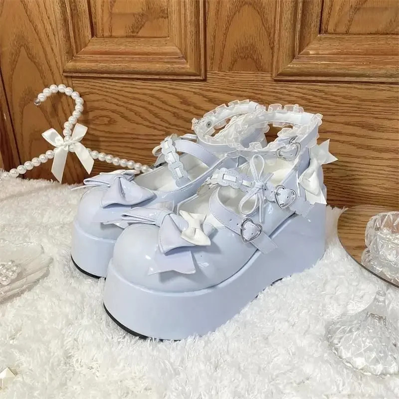 Kawaii Lace Bowknot White Lolita Shoes Women Heart Buckle Platform Mary Janes Woman Japanese Style Patent Leather Jk Shoes 241225