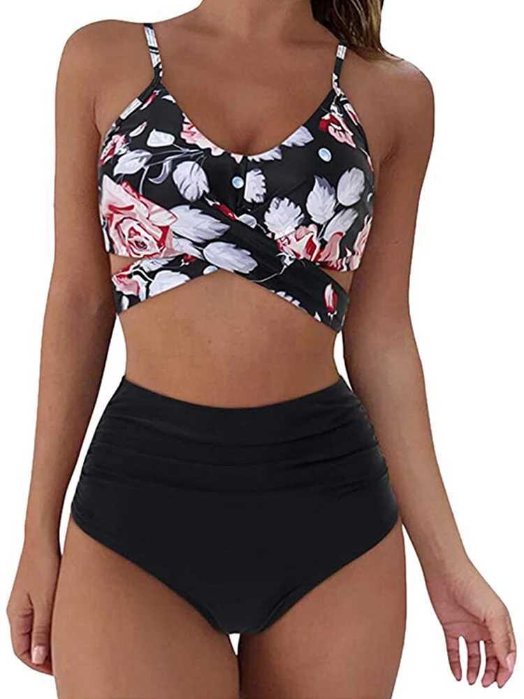 Womens high waisted push up swimsuit sexy leopard print cross bandage swimsuit womens bikini set plus size swimsuit 2024W241225