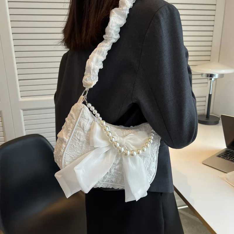 Texture lace pleated bag womens bag womens black pearl shoulder bag bow bracelet fiableXJ241225
