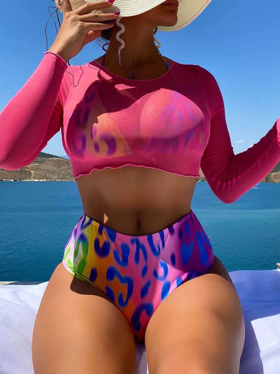 3-piece Leopard High Waist bikini triangle swimsuit top camisole swimsuit womens 2024 swimsuit womens beachwearW241225