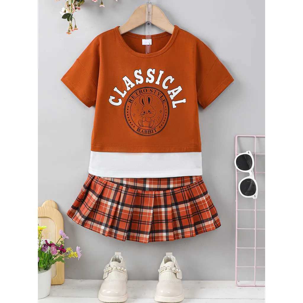 Clothing Sets 2PCS Children Girl Summer Clothes Set Short Sleeved Letter Print T-shirt+Plaid Skirt School Style Outfit Suit for Kids 4-7 YearsY241225C