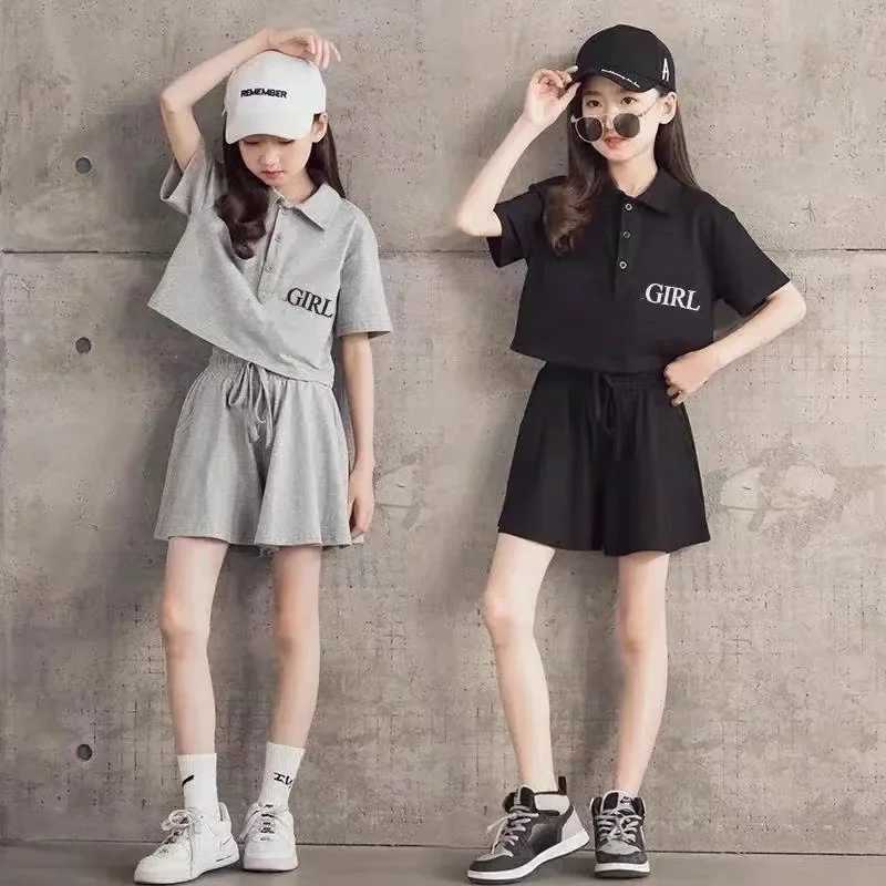 Clothing Sets Summer Children Girl Clothes Set Kid Lapel Tshirts and Shorts 2 Pieces Suit Short Sleeve Letter Top Bottom Outfits TracksuitsY241225RQOB