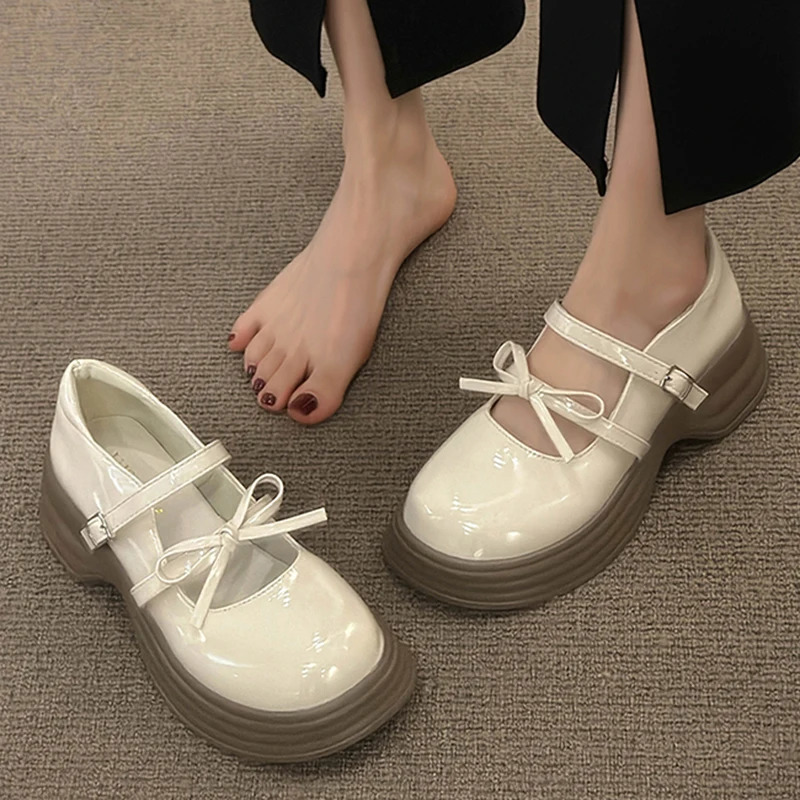 Black Chunky Platform Mary Jane Shoes for Women Autumn Patent Leather Pumps Woman Thick Bottom Bowknot Lolita Shoes Ladies 241225