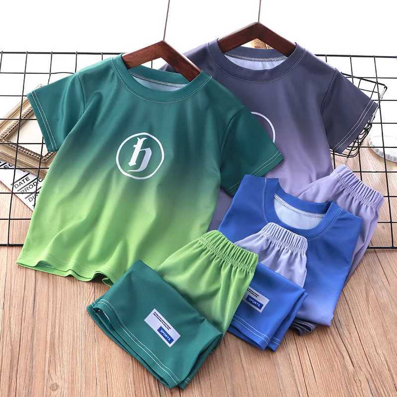 Clothing Sets Childrens clothing summer sports short sleeved set for boys summer new childrens boys clothing gradient Tshirtshorts twopiece sportswY24