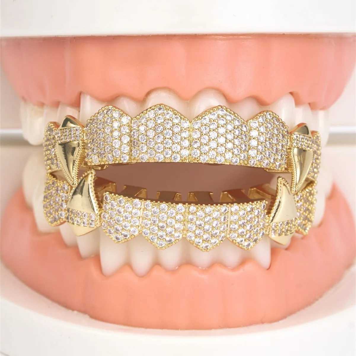 TrendMen Hiphop Rock Vampire Copper Zirconia Tooth Socket Dental Crown For Men Boys Gold Color Metal Crystal Party Jewelry GiftsXJ241225