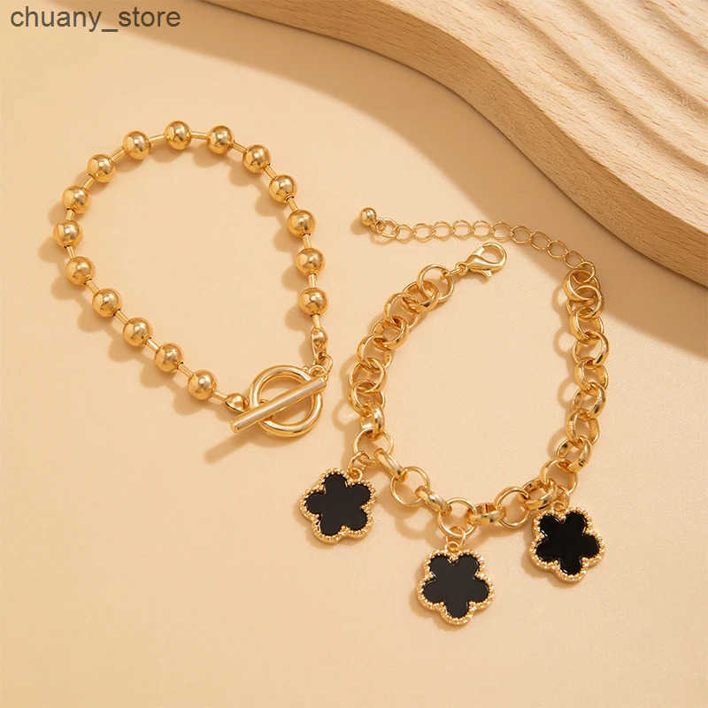 Chain Trendy Geometric Link Chain Set For Women Rhinestones Gold Color Five leaf flower clover Pendant Open Cuff Bangle Girls L240910
