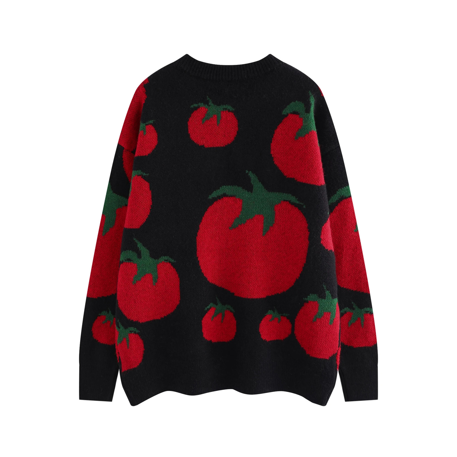 Japanese Fashion Knitwears Y2k Autumn and Winter Tomato Embroidery Knitted Sweater Mens Round Neck Cartoon Jumpers 241225
