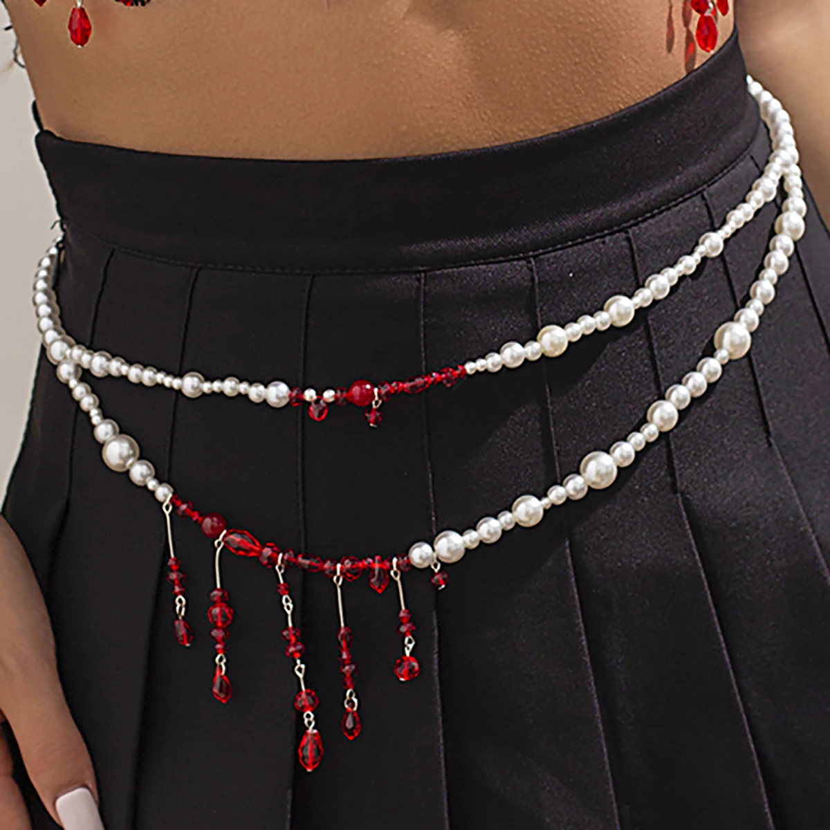 Salircon Punk Pearl Double Layer Waist Chain Gothic Red Crystal Bead Pendant Belly Chain Women Sexy Trend Body Jewelry 241225