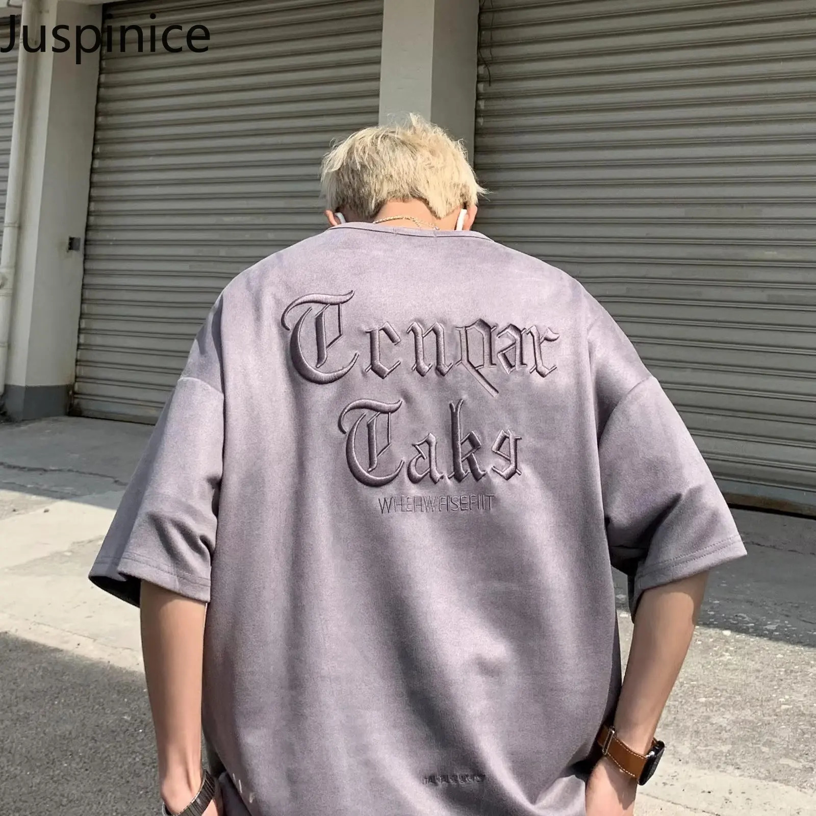 American Retro Embroidery Oversize Short-sleeved T-shirt Mens Summer Suede Loose Casual High Street Tops Shirts Male Clothes 241224