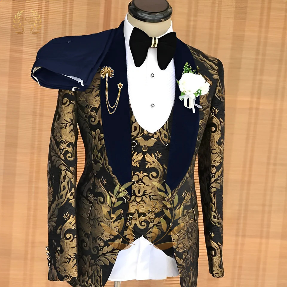 Mens Gold Jacquard Fashion Wedding SuitBlack Blazer Vest Pants 3 Piece SetGroom Party Formal Dress Custom Tuxedo 241225