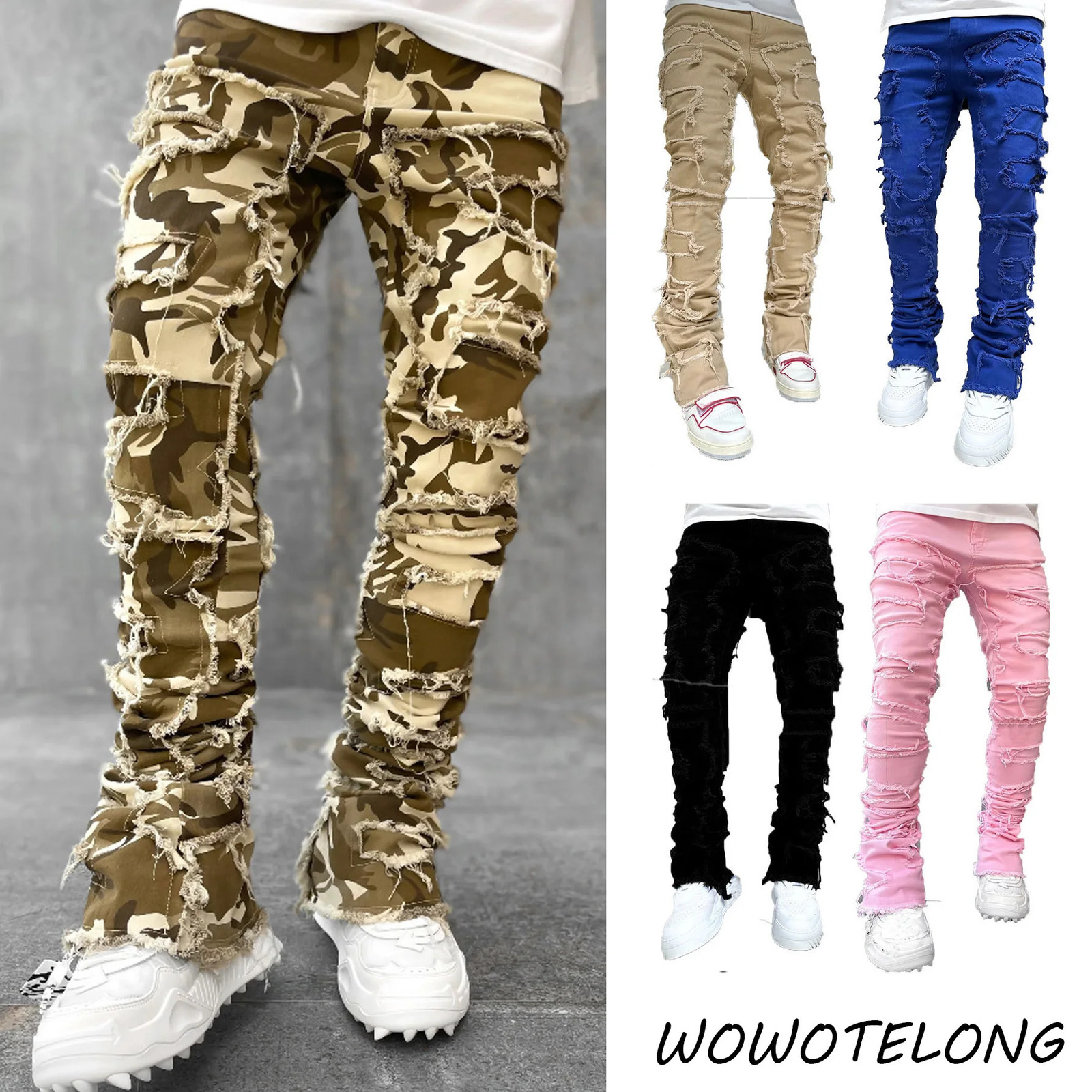 High street white men's stack jeans Stretch patchwork fringe broken denim trousers Men's fashion pants 241231