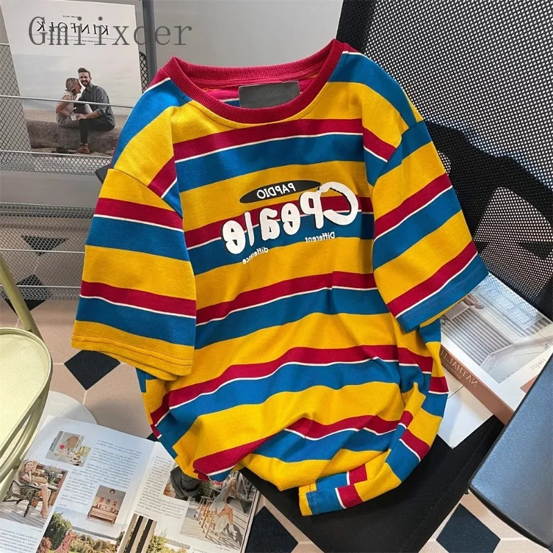 Sense Niche Chic Striped Contrasting Short-sleeved T-shirts Men Women Summer Retro American Fashion Vintage Shoulder Tops 241224