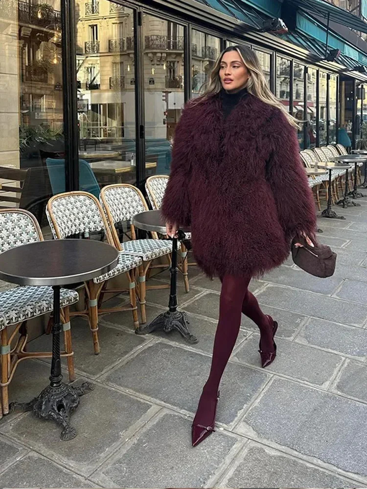 Winter Solid Faux Fur Thicken Midi Coat Women Burgundy Long Sleeve Lapel Loose Warm 2024 Vintage Street Female Outerwear 241223
