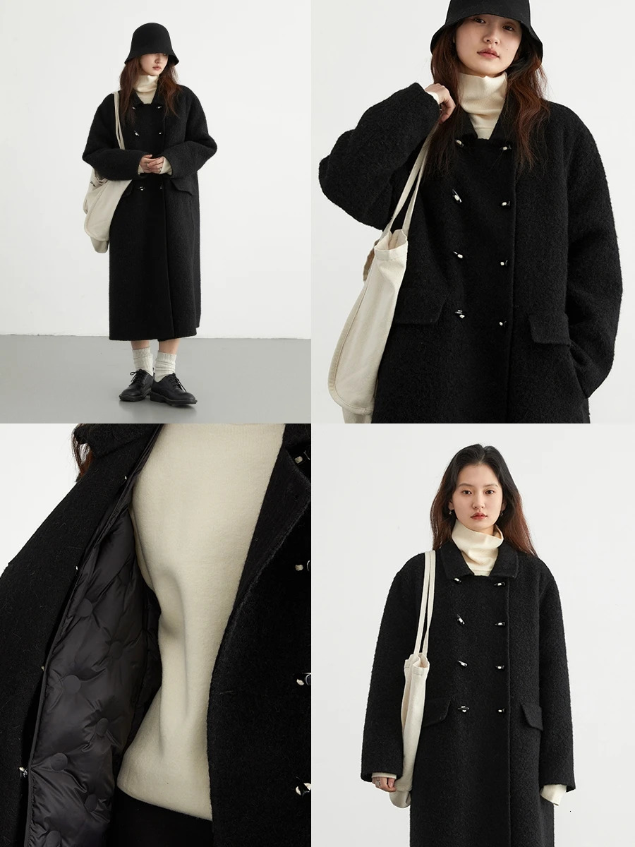 CHIC VEN Women Woolen Coats Solid Doublebreasted Loose Retro Polo Collar Wool Woman Long Ladies Coat Spring Autumn 2024 241225