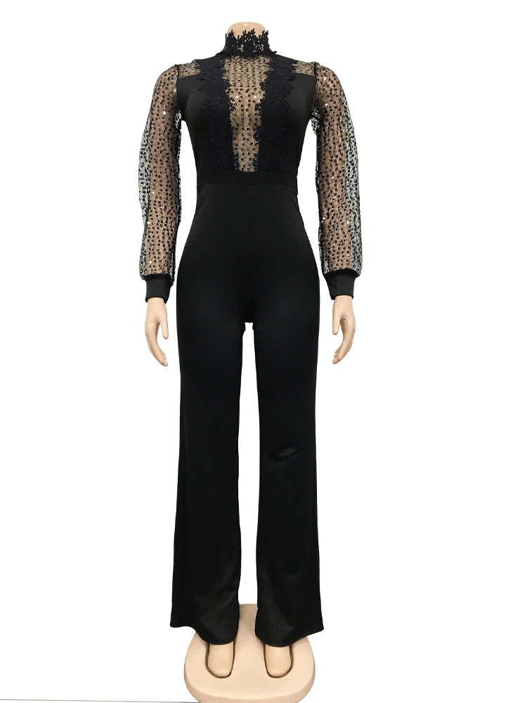 Solid Color High Necked Elegant Long Jumpsuit Women Sleeve Full Body Sexy Mesh Perspective Lace Up Female 241225