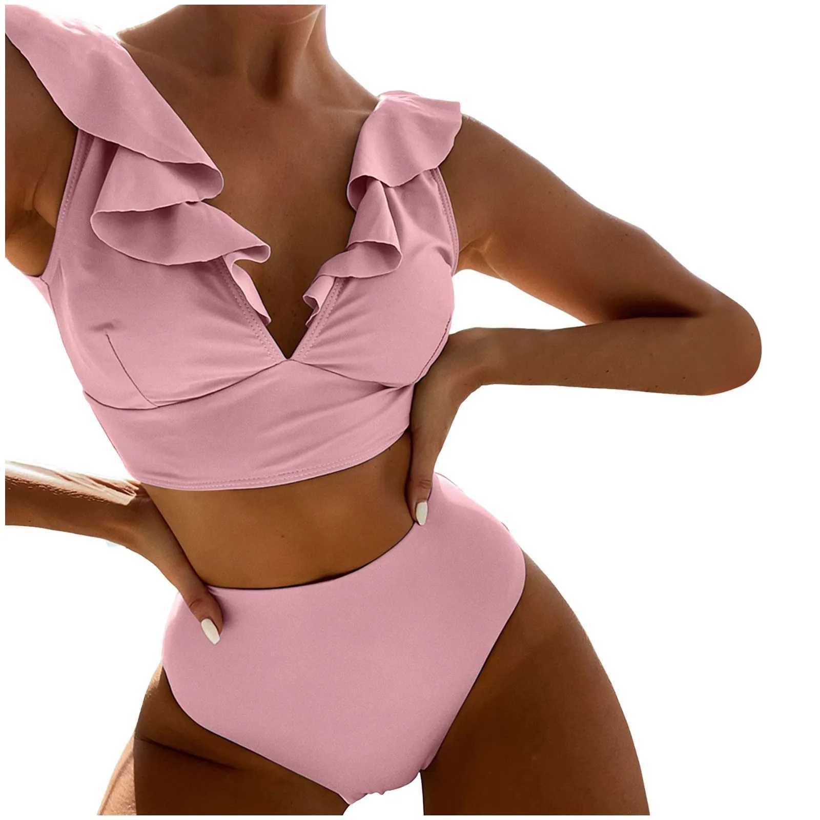 Womens summer swimsuit ruffled V-neck split swimsuit high waist split bikini womens swimsuit beach swimsuitW241225