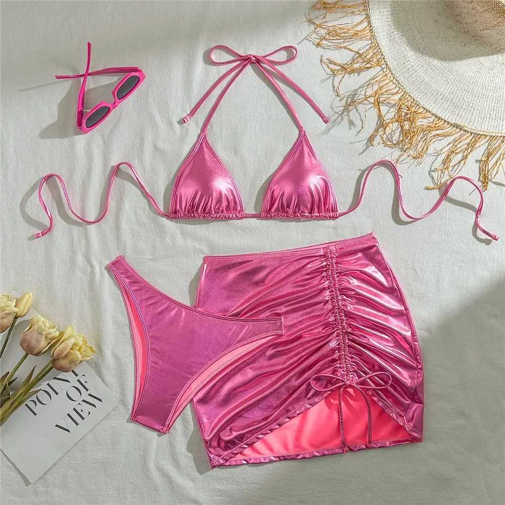 Gold mini thong bead 3-piece bikini set for women suspender swimsuit set for women swimsuit set for womenW241225