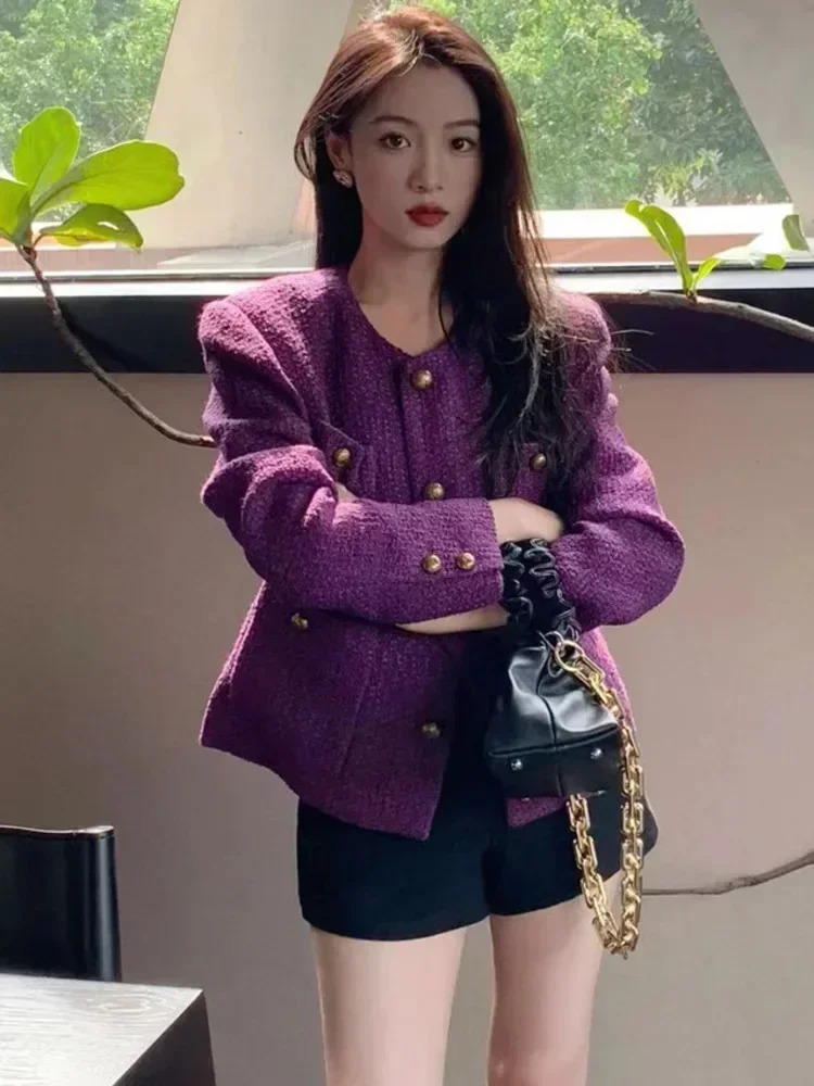 Vintage Tweed Purple Jacket Women Elegant Long Sleeve Single Breasted Woolen Coat Korean Fashion Outwear Fall Winter 241224