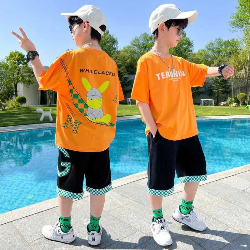 Clothing Sets Summer boys cotton letter cartoon T-shirt top+patch work flat pants set school childrens track and field clothes childrens 2PCS set 5-14