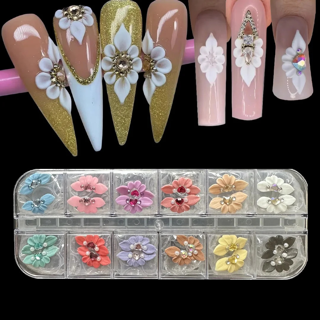 24pcs Manicure Carved Gel 3D Flower White Jewelry Handmade Kawaii Charm Sticker Decoration DIY Nail Art Accessory 241225