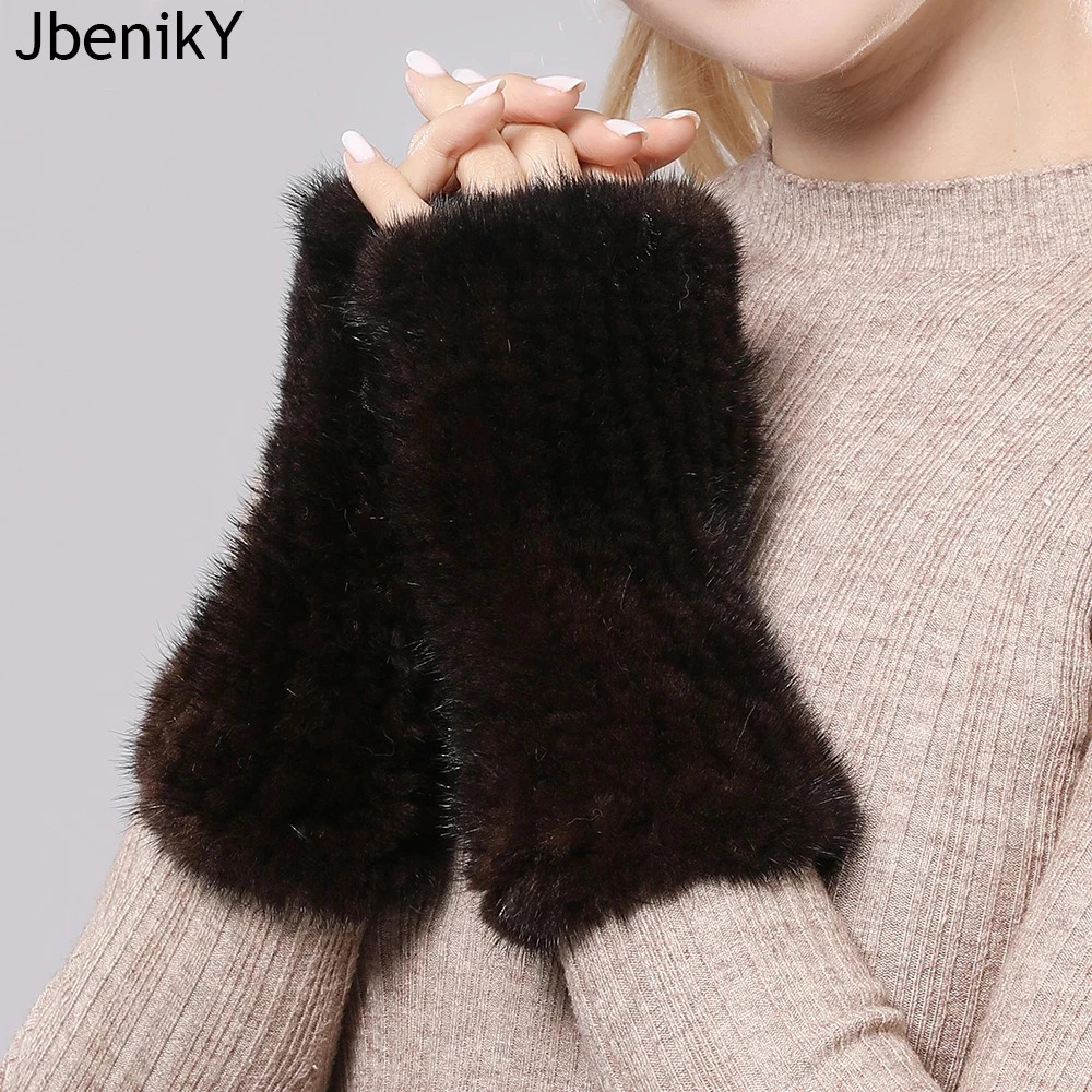 Women 100% Real Genuine Knitted Mink Fur Mittens Winter Warm Lady Real Fur Fingerless Gloves Handmade Knit Mink Fur Mitten 241225ww12