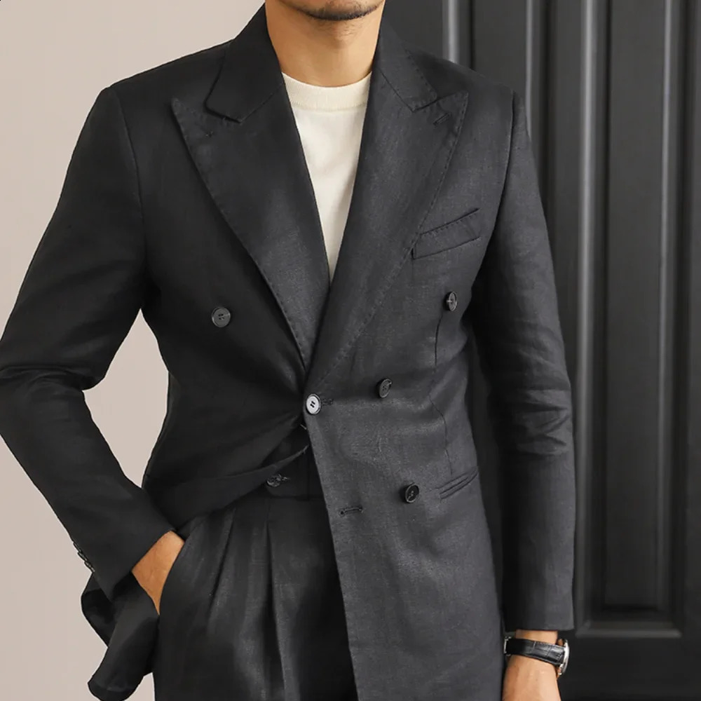 Chic Linen Suits for Men 2 Piece Fashion Lapel Double Breasted Blazer Sets Business Casual Slim Beach Wedding Party Tuxedo 241223