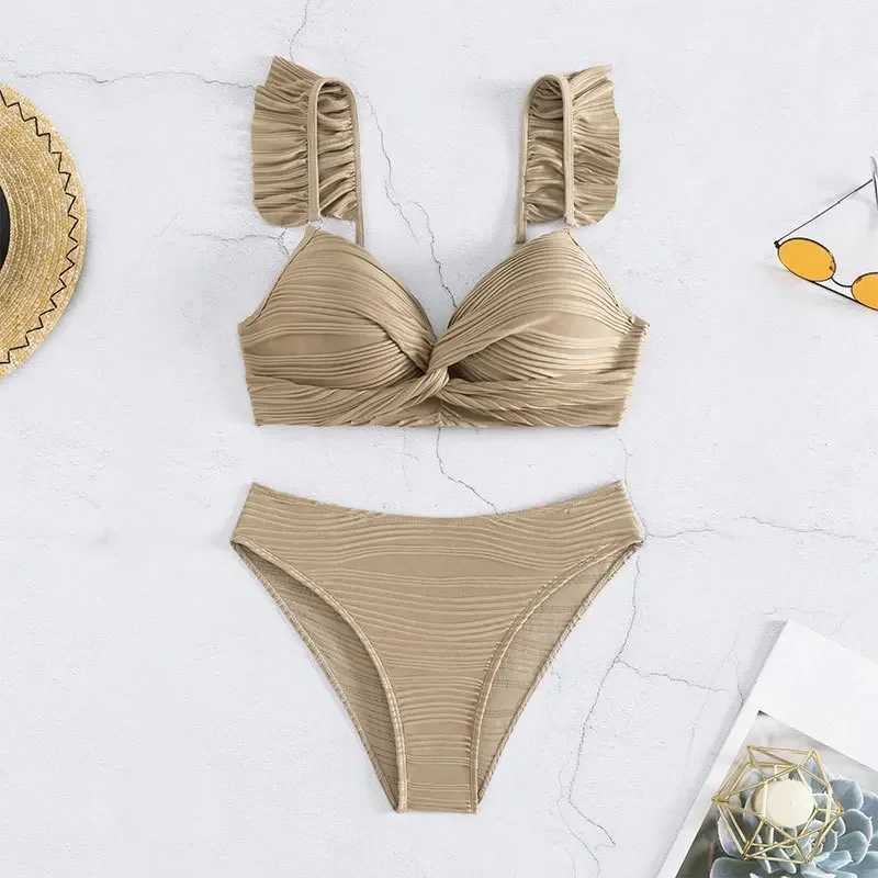 Sexy khaki ribbon swimsuit high waisted bikini set 2024 strapless swimsuit cross bandage Brazilian bikini swimsuitW241225
