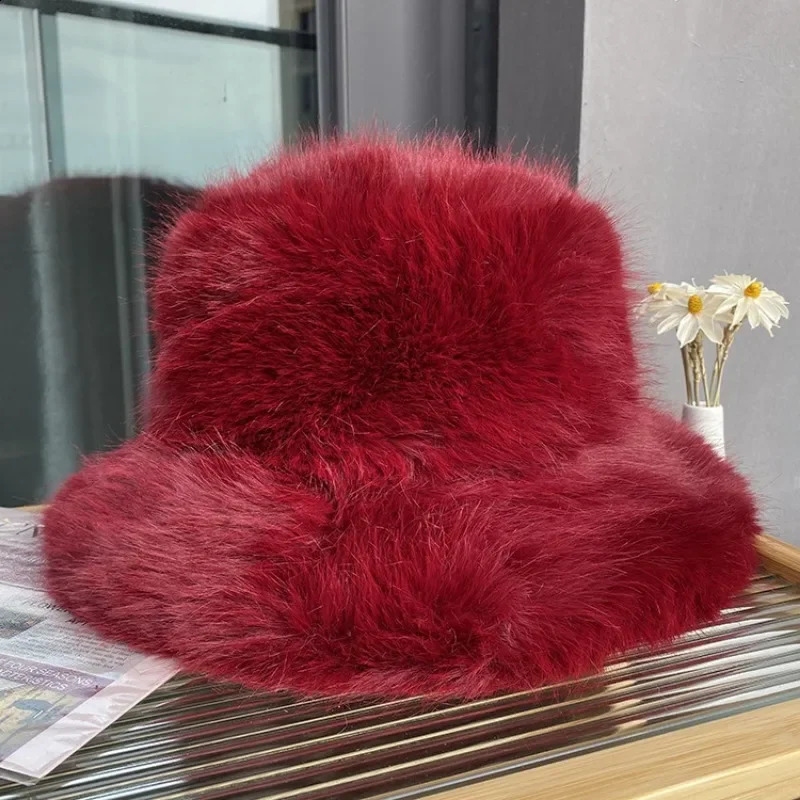 Oversized faux fur bucket hat for winter warm and fluffy fishermans women fashionable party thick basin 241223