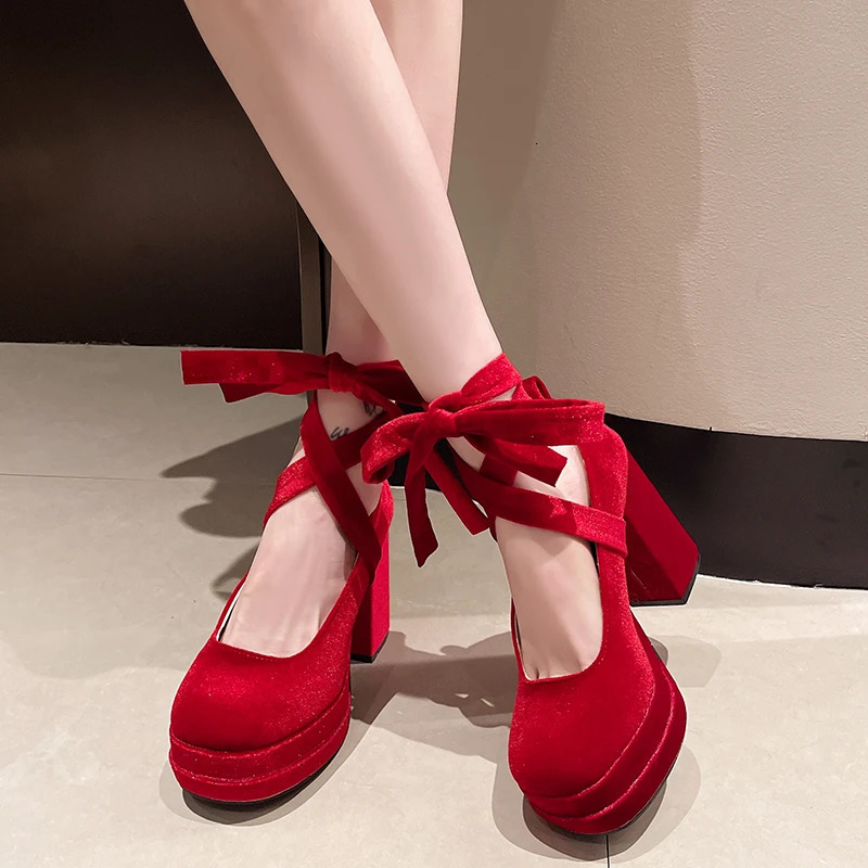 Platform Women Mary Jane Shoes Ladies Fashion Cross-tied Thick High Heel Footwear Womens Elegant Dress Pumps Shoes 241225