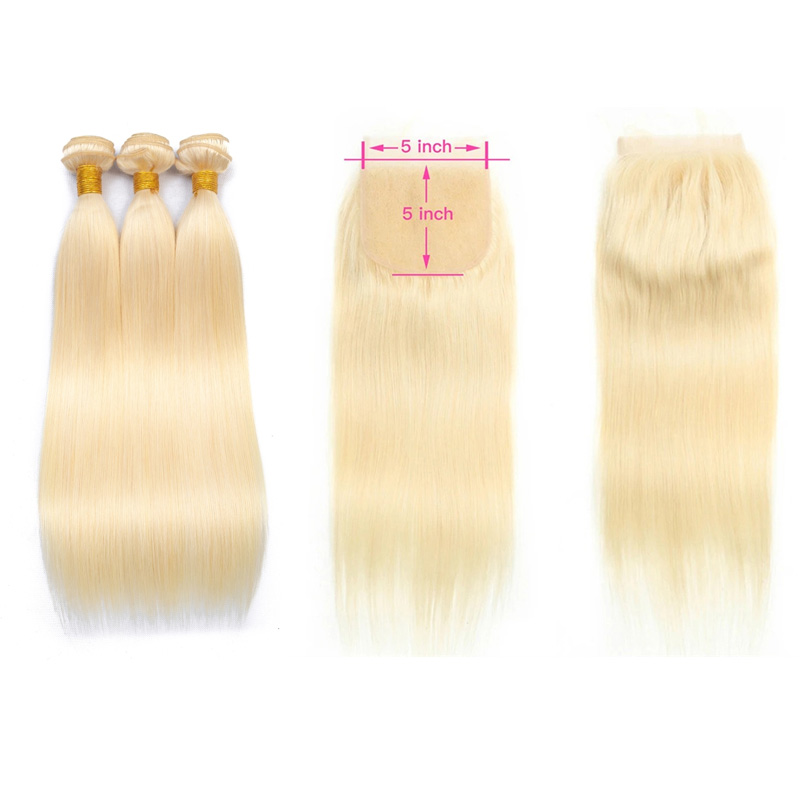 3 Bundles With 6X6 Lace Closure Blonde Color Brazilian Human Hair Peruvian Indian Virgin Hair 4 Pieces/lot Straight 613# 10-30inch