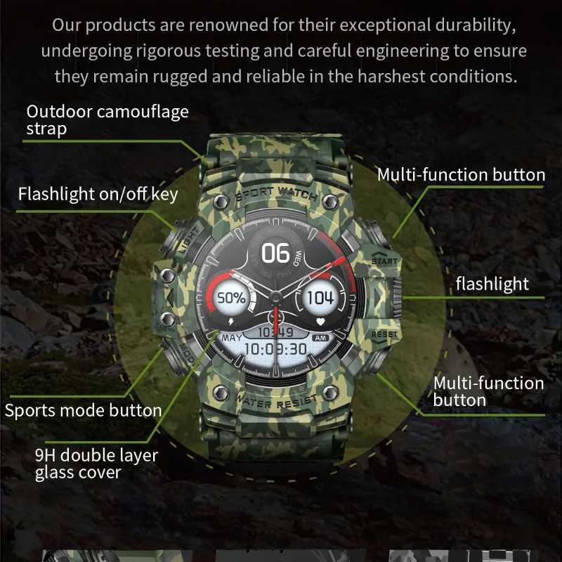 2024 Rugged Sport Smart Watch Calls Colorf Waterproof Military Smartwatches with Flashlight SOS CPASS for Phone Z241225