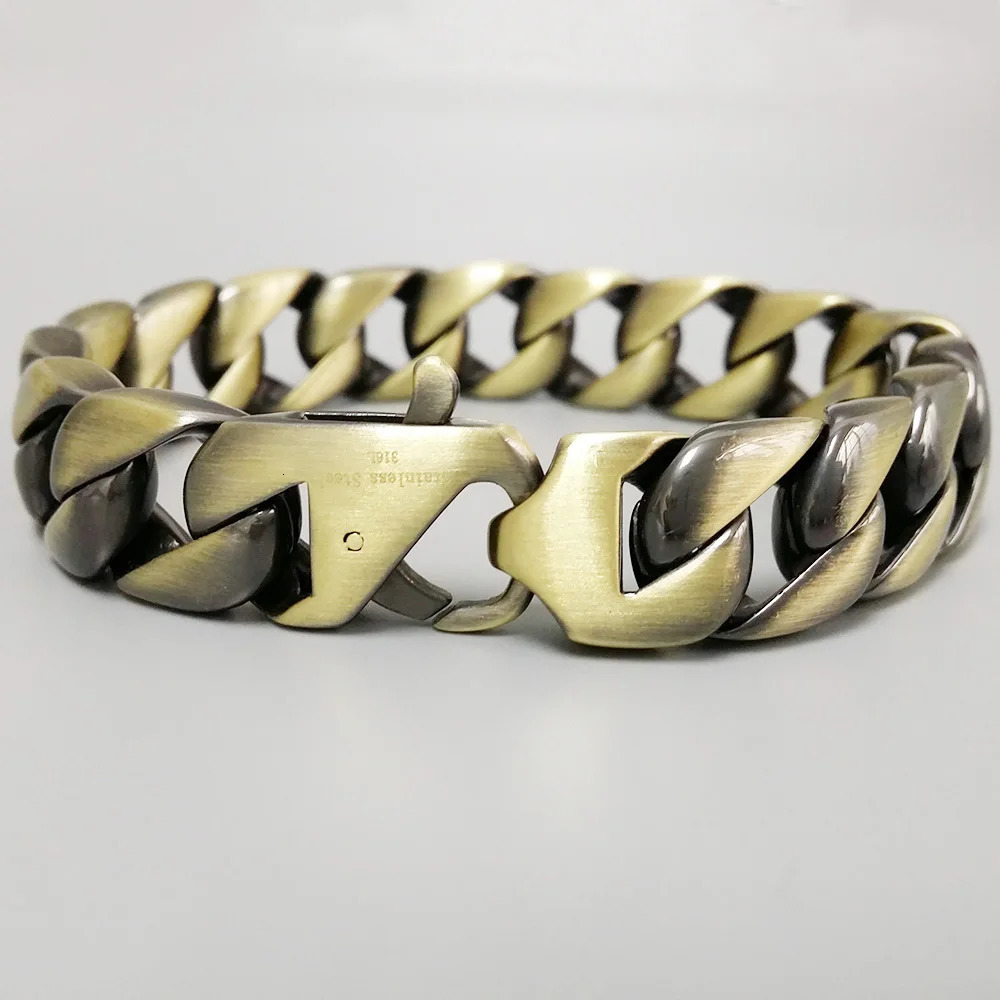 Vintage Bronze Matte Polished Mens Bracelet Curb Cuban Link Chain 316L Stainless Steel Bracelet 15mm Hip Hop Jewelry Gift 241225