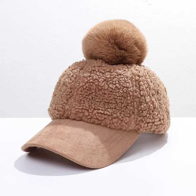 Womens winter artificial wool baseball cap soft warm solid color cute fluffy hip-hop sunscreen slime Brim beanie cap W241225