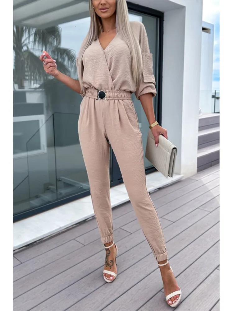 Autumn Jumpsuit Women Solid Color Vneck Belt Pocket High Waist Slim Jumpsuits Fashion Casual Commuting Ladies Bodysuits MsChuh 241225