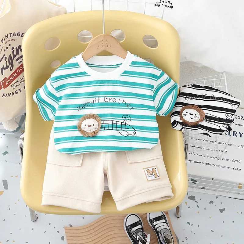 Clothing Sets Baby Girls Cotton Clothes Set Kid Boy Stripe Lion T-shirts and Shorts 2pcs Suit Children Short Sleeve Lapel Top Bottom OutfitsY2412250MR