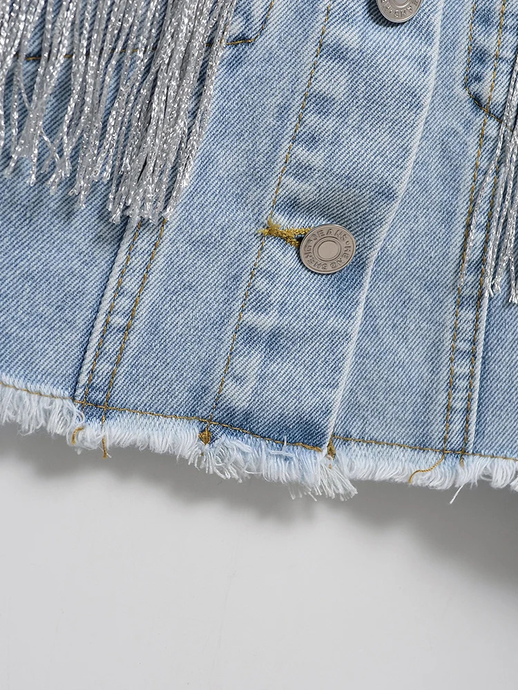 Fitaylor Autumn Winter Women Vintage Long-sleeve Loose Tassel Blue Short Denim Jacket Lady Single Breasted Pocket Jeans Coat 241223