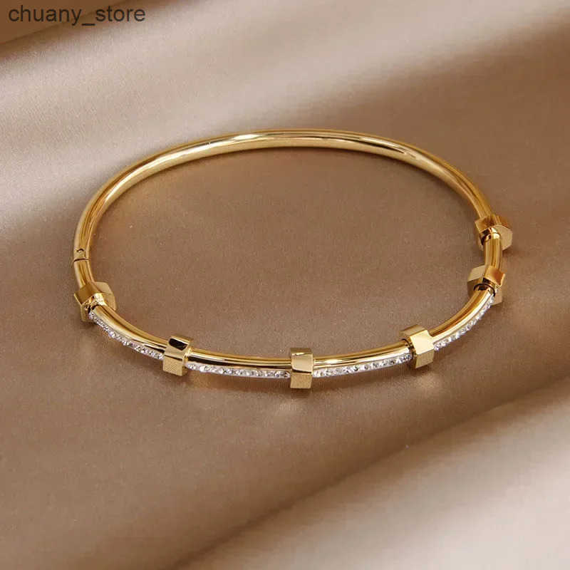 Chain Classic Stainless Steel Open Bangles s for Women Fashion Brand Jewelry Delicate Full Crystal Bangles L240910