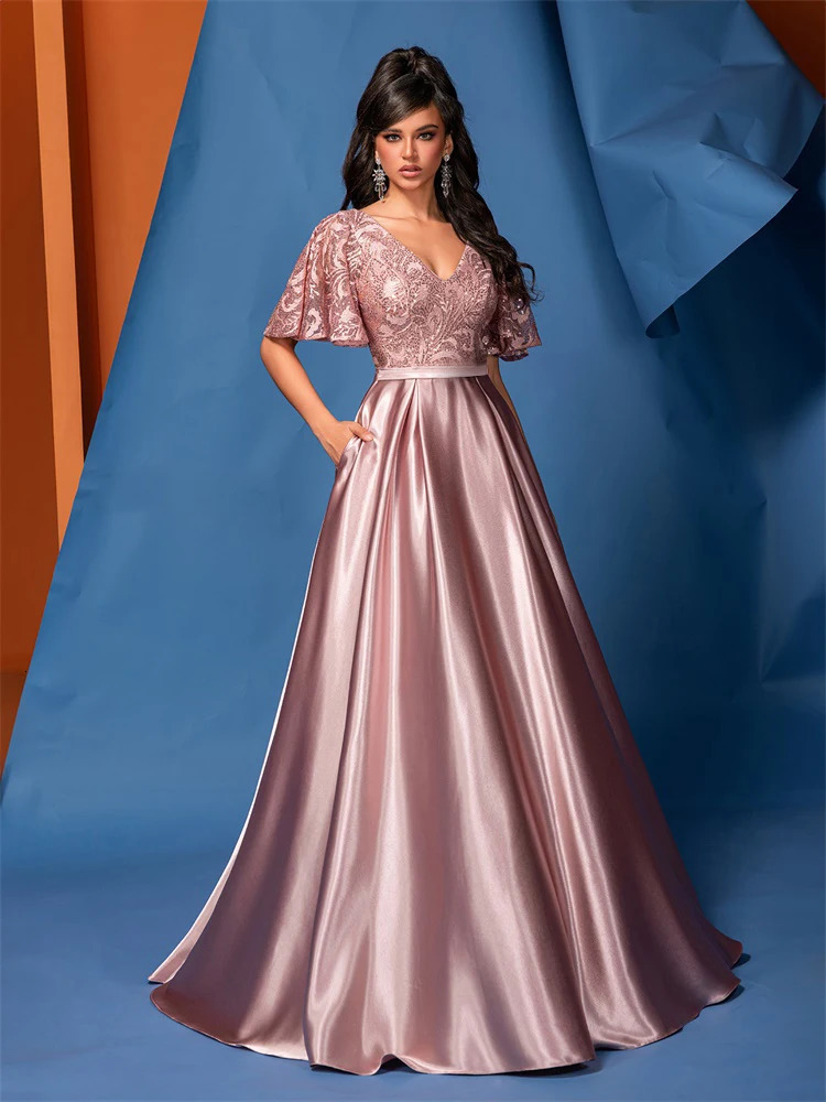 XUIBOL Elegant Short Sleeve Pink Satin Formal Evening Dress Long Women Mermaid Wedding Party Dress Cocktail Prom 241223