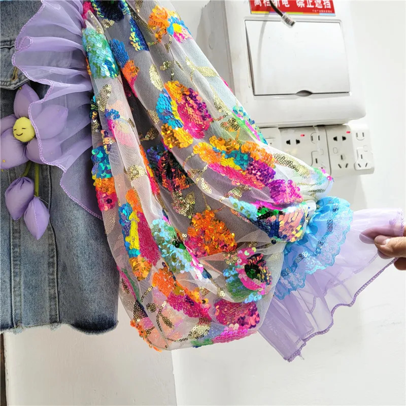 Hem Frayed Big Pocket Denim Jacket Women Multicolour Sequins Mesh Lantern Sleeve Cow Outwear Loose Short Jeans Jackets Female 241223
