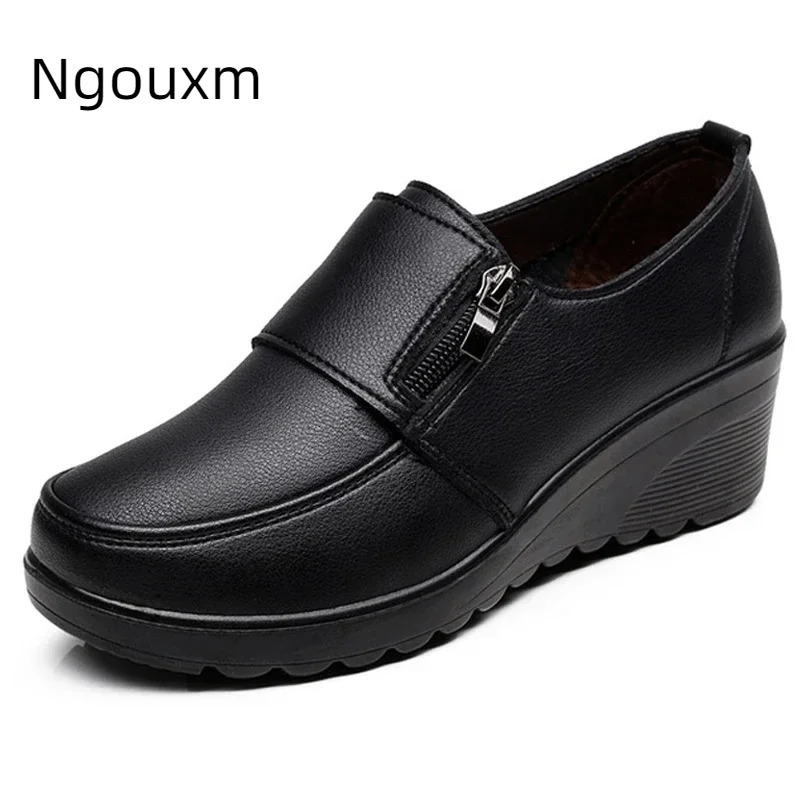 Ngouxm Spring Autumn Women Pumps Wedges Shoes Woman Genuine Leather Casual Shoes Mother High Heels Shoes 241225