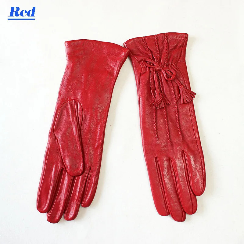 Sheepskin Gloves Womens Mid-Length Striped Style Velvet Lining Autumn and Winter Warmth Ladies Brown Leather Finger Gloves 241225