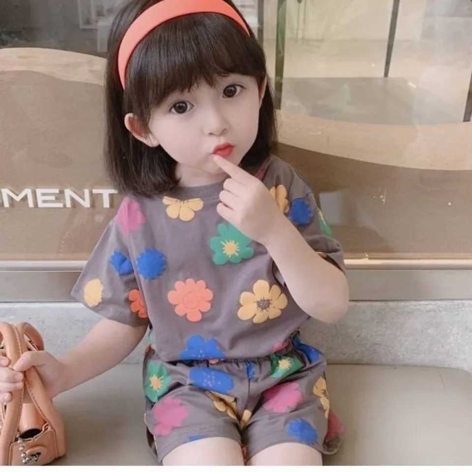 Clothing Sets Baby Girls Flower Print Clothes Set Summer Crew Neck T-shirts and Shorts Suit Children Fashion Top Bottom 2pcs Outfits TracksuitY2412257
